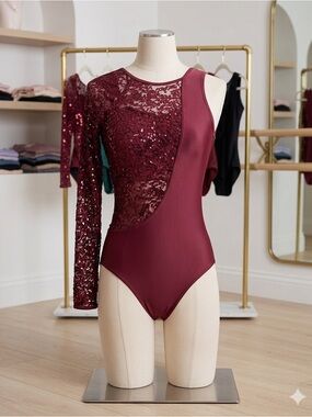 Balera Burgundy One-Shoulder Sequin Dance Leotard – Adult Medium